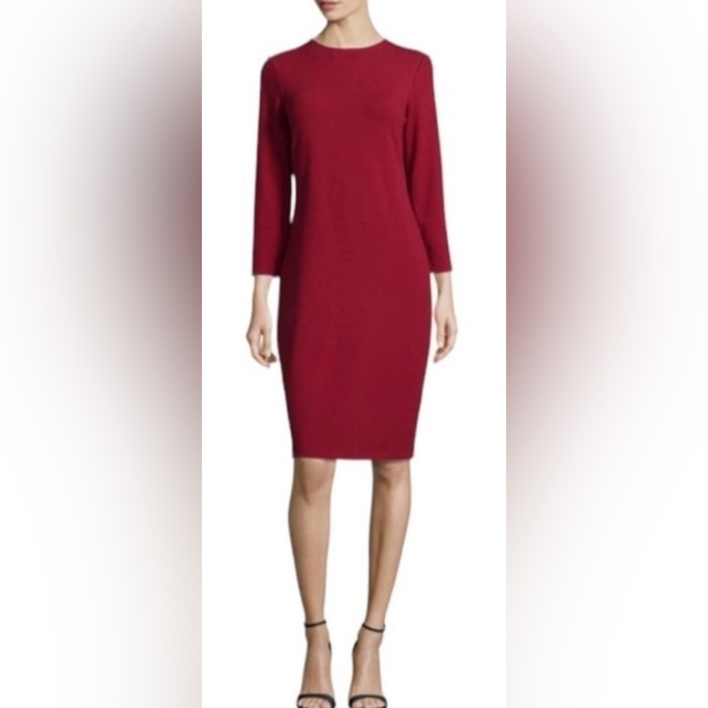 Vince. Crimson Long Sleeve Red Stretch Bouclé Knee Length Dress ZB3